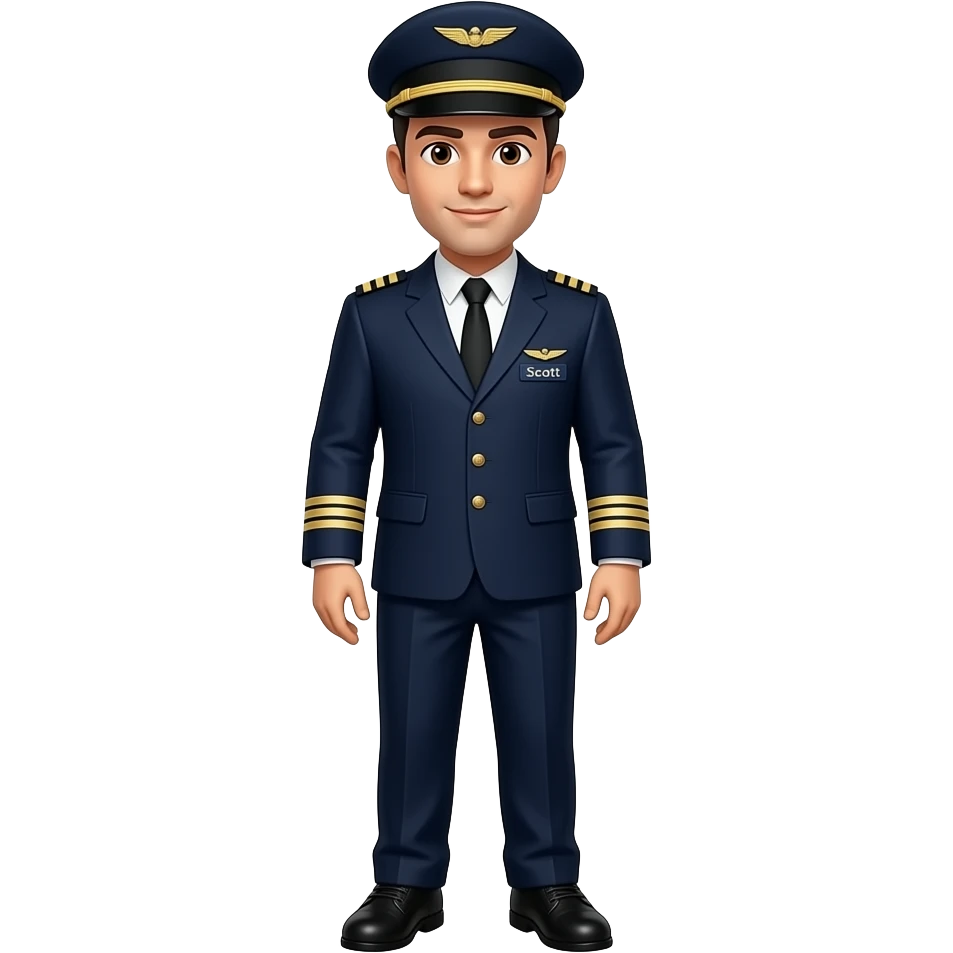 Entire body Male Pilot with pilot suit legs snd shoes Male entire Body Pilot w blazer's Black hair white skin brown eyes with hat and name badge under wing badge “Scott” emoji