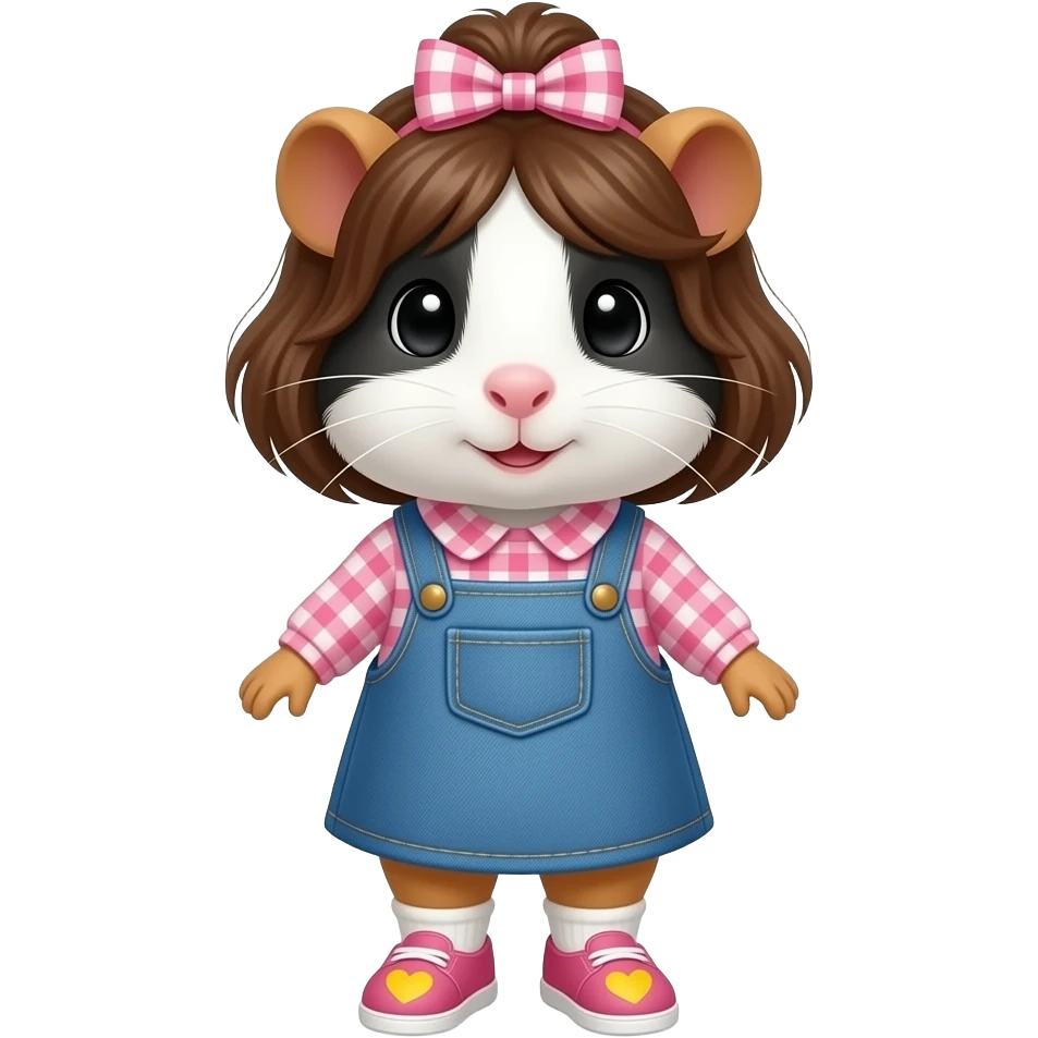 black and white guinea pig with pink long sleeve gingham shirt, jean dress, pink shoes with yellow hearts and a pink gingham bow in hair emoji
