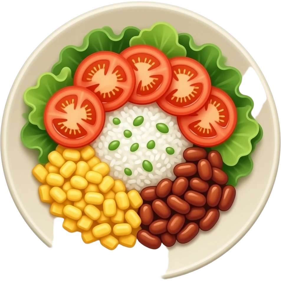 Prato de comida de porcelana beje bem fitnees, com salada de alface e rodelas de tomate arroz feijão ovo mexido e carne emoji
