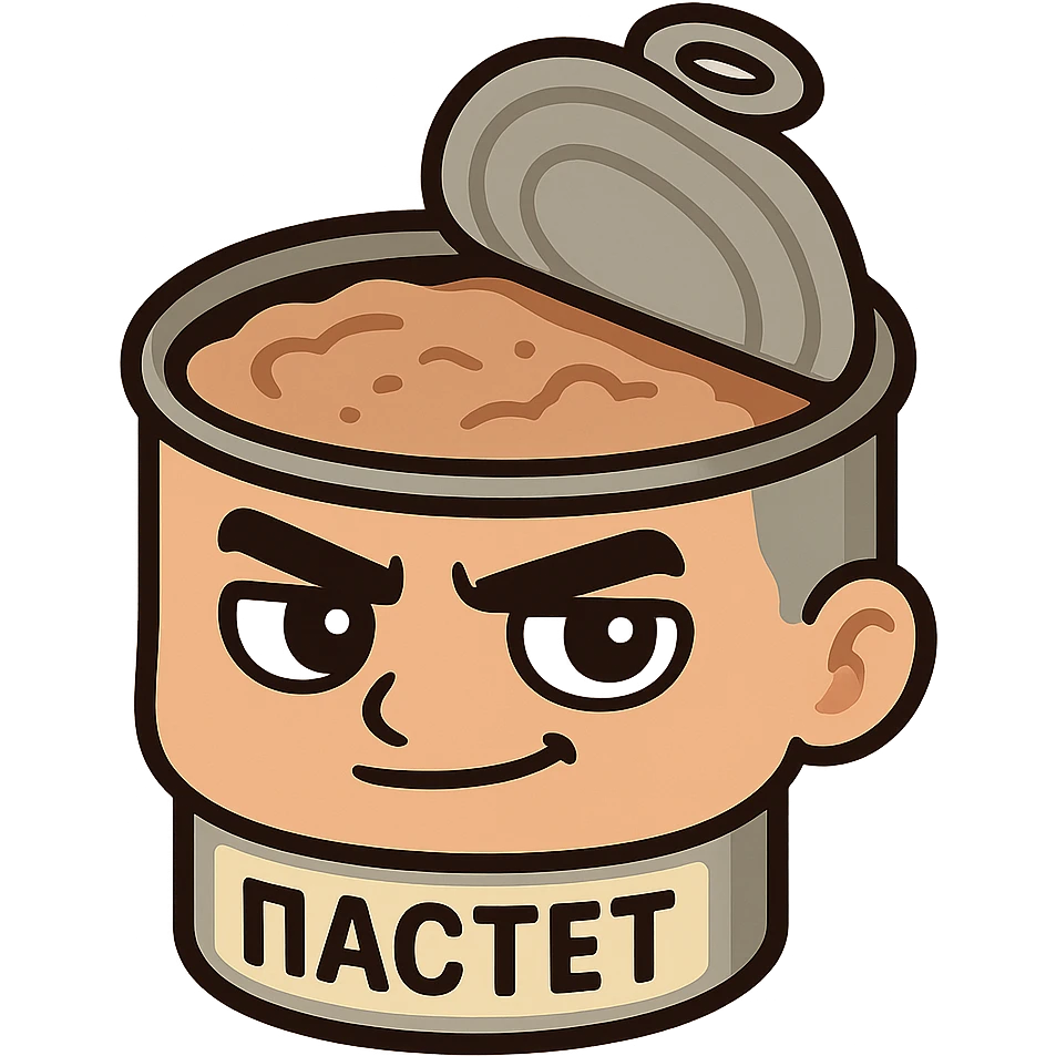 Minimal chibi open pâté tin can, visible pâté, masculine expression, confident calm face, thick black outline, flat colors, strong contrast, emoji sticker style, no background, 28px readable, Twitch emote, Cyrillic text "ПАСТЕТ" emoji