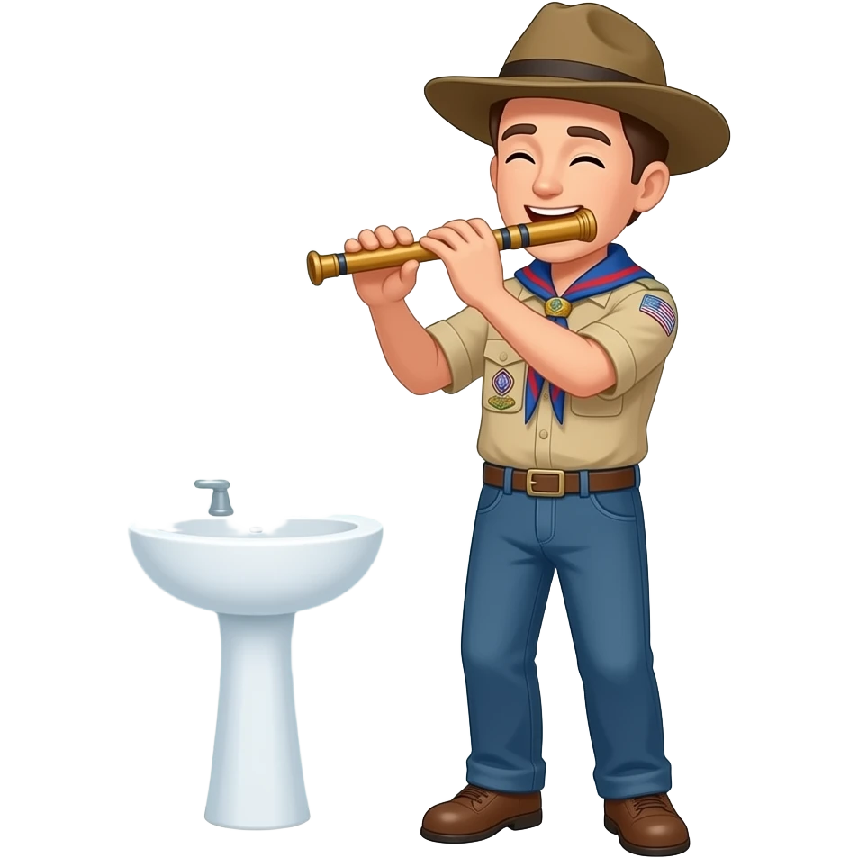 una persona en el baño cantando con un microfono en forna de fuet y con un gorro de boy escaut pero que se le vea el cuerpo entero y con ropa normal solo el goro de boy escaut y el micro en forma de fuet pero muy loco emoji