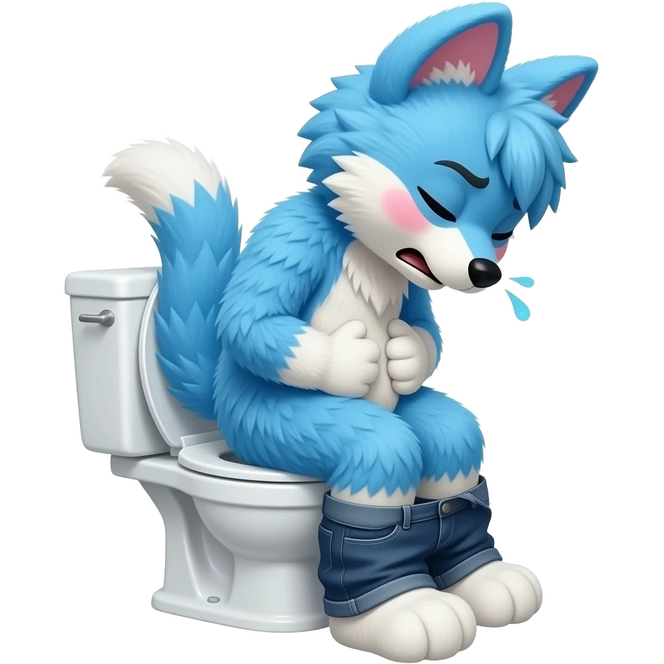 blue fursuit sitting on toilet, side view, pants down, straining face, blushing face, pain, pushing, both hands on stomach, discomfort, grunting, eyes closed emoji