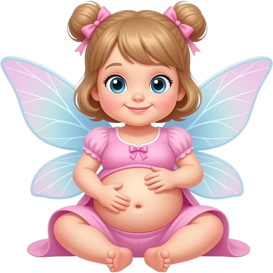 A baby girl fairy,she a very hugely fat belly,she is so stuffed that she has to sit,she could almost roll,rubbing her full bellybutton so she will cutely do a good belly show & tell. emoji