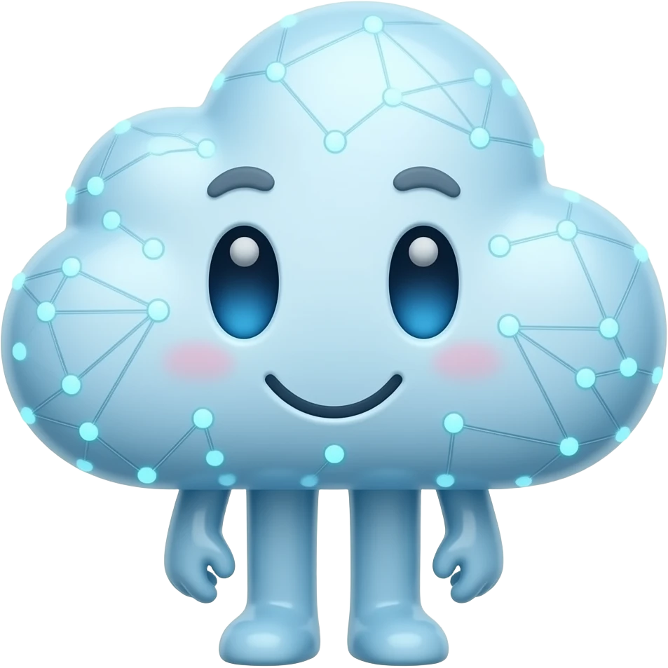 Mascot representing a digital cloud computing network, smooth glowing ceramic surfaces, geometric shape, full body. emoji