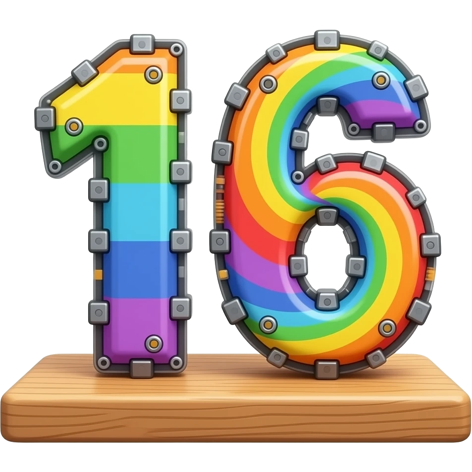A  colorful 16 standing on a wooden board, the colors are swirling and its like a rainbow and it looks like a machine emoji