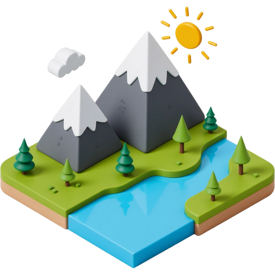 mountains with river flowing and sun emoji