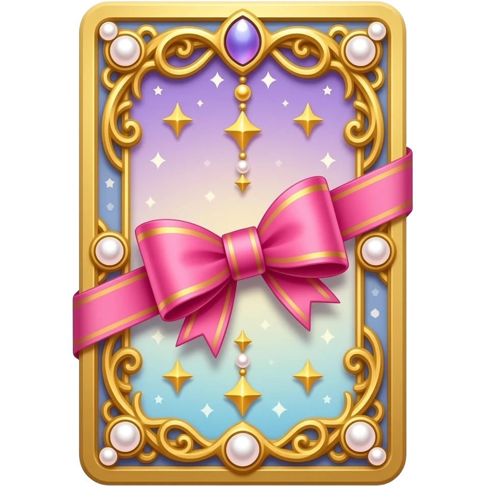 Tarot card, pink bow ribbon, gold and pearls embellishments, very decorated, gradient accents. emoji