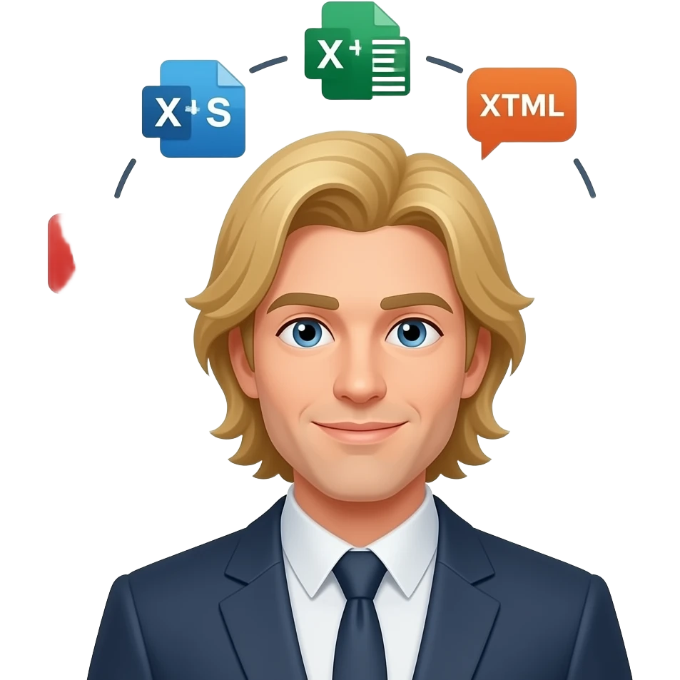 master data specialist with xls csv xml sheets around his head , blond long hair emoji