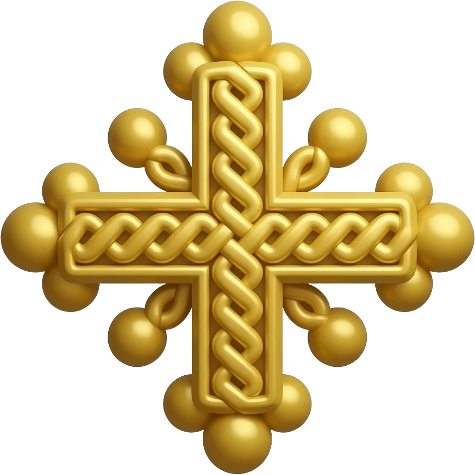 Coptic cross emoji vector, 1:1 square ratio, symmetrical equal-length arms. Each arm ends in 3 rounded points (12 points total). Small cross engraved in the exact center. Intricate gold braided patterns inside the arms. Clean, high-contrast, scalable design. emoji