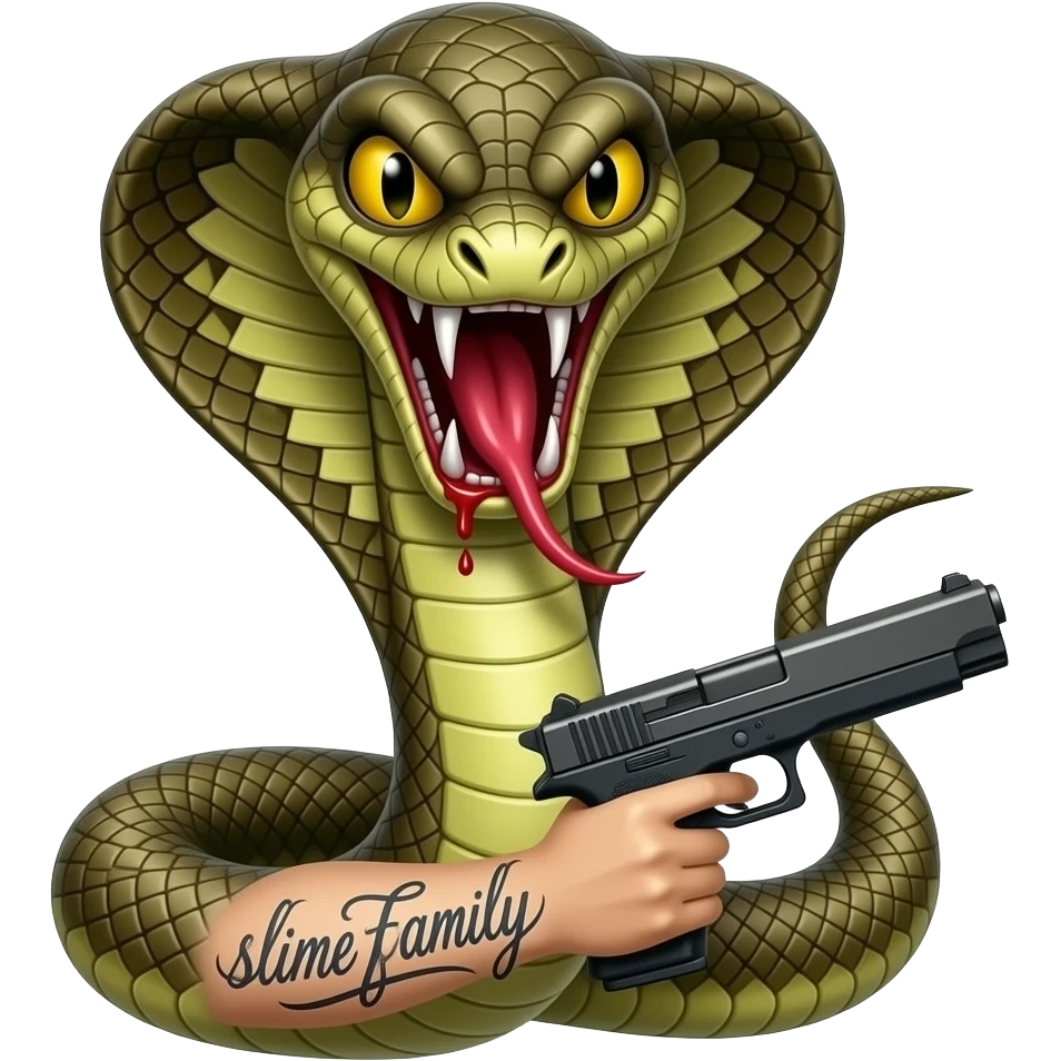 Angry cobra with bloody fangs, a tattoo saying “slime family” and ...