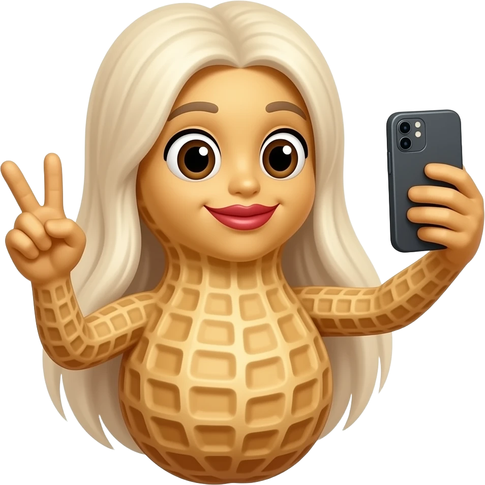 An anthropomorphic peanut with a peanut face peanut arms and brown eyes long platinum blonde hair and plump lips makes a peace sign while taking a selfie on her phone, she still looks like a peanut emoji