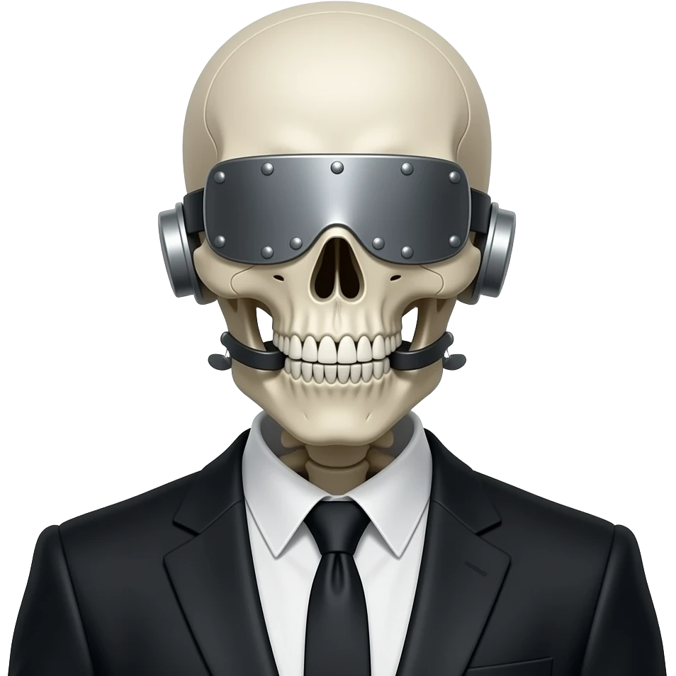 a skeletal figure wearing a  suit who embodies the phrase "See no evil, hear no evil, speak no evil" as well as a symbol of censorship. His eyes are covered by a riveted-on visor, his mouth is clamped shut, and his ears are closed with metal caps emoji