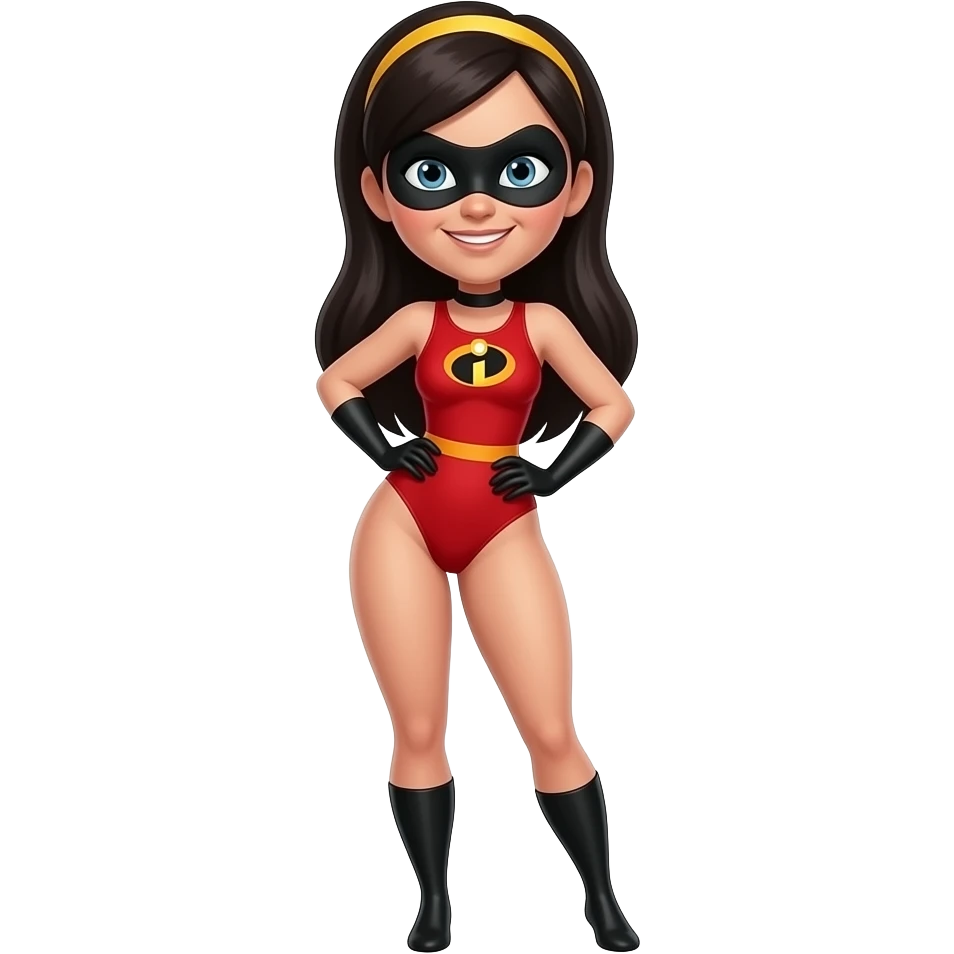 Violet Parr in a red Incredibles 2 piece bathing suit, long black hair, yellow head band, sexy, (fullbody) light skin, black eye mask, curvy body. emoji