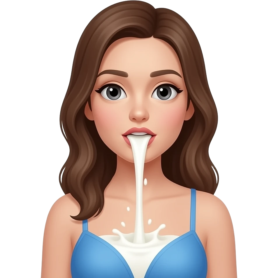 فتاة ترتدي حمالة زرقاء بشرة بيضاء ويخرج من فمها حليب emoji