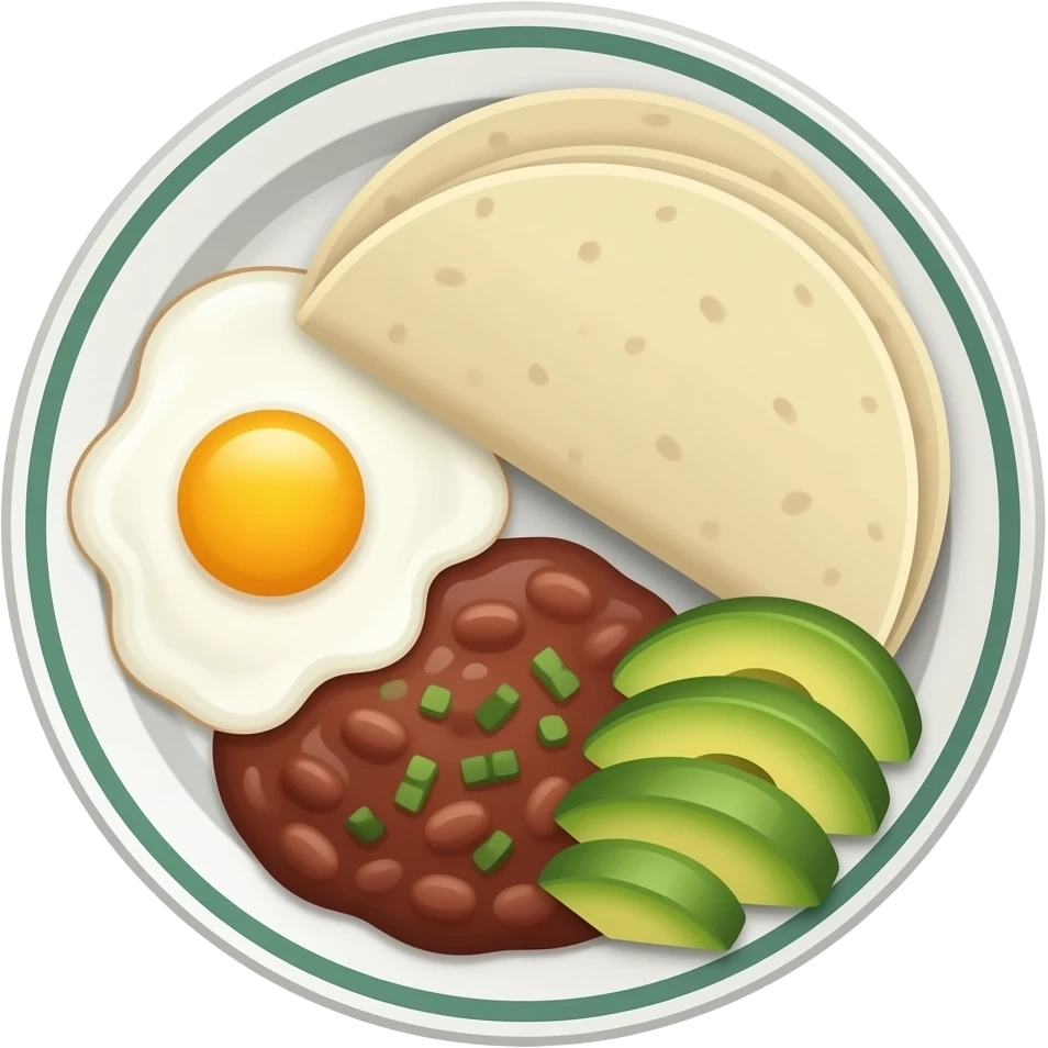 Breakfast platter on a plate with scrambled eggs, refried beans, sliced avocado, and two tortillas emoji