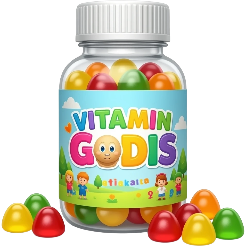bottle with vitamin gummies för kids with a label on it that says "VITAMINGODIS" emoji