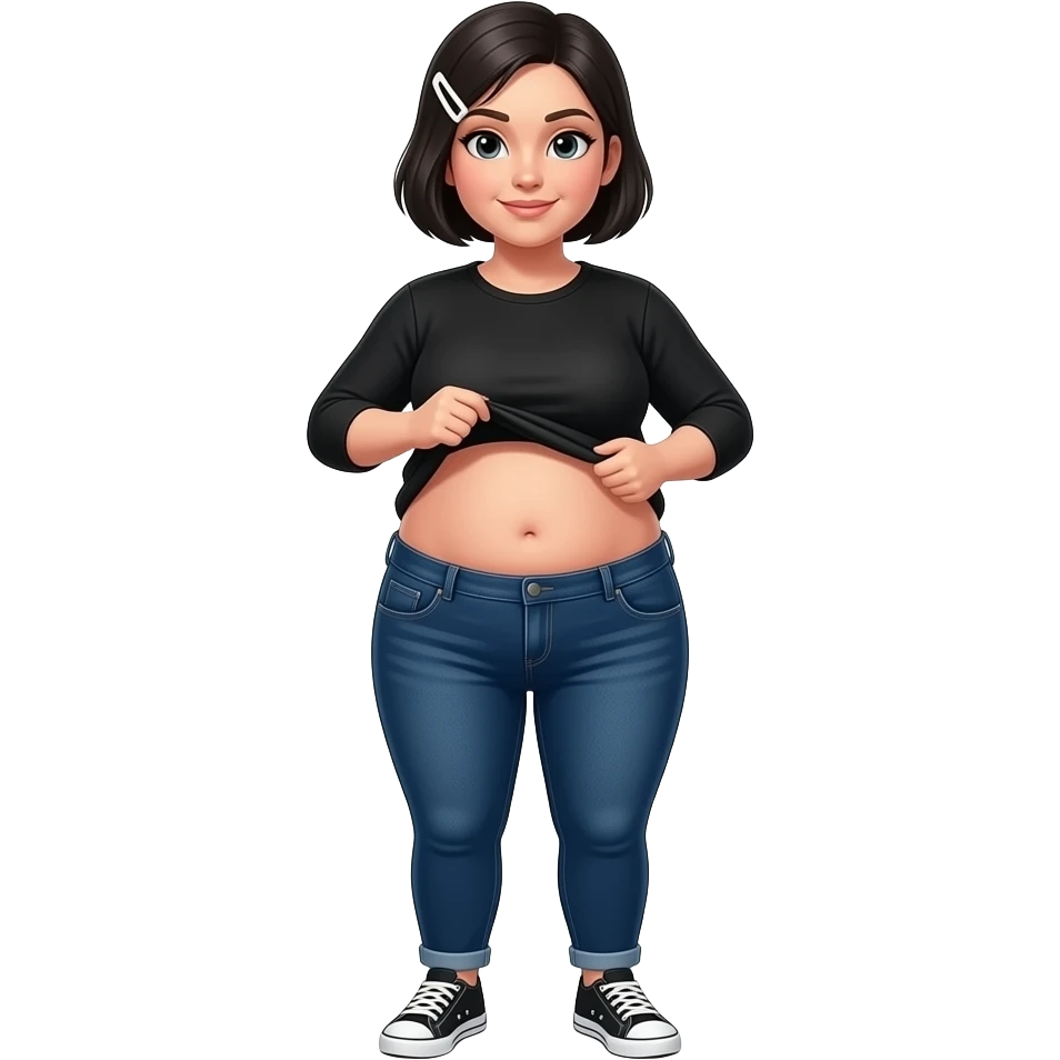 White woman with black short hair, white hair clip on the left of her hair, plain black long sleeve shirt, dark blue jeans, white and black sneakers, and a chubby body lifting her shirt to show her clean chubby belly emoji