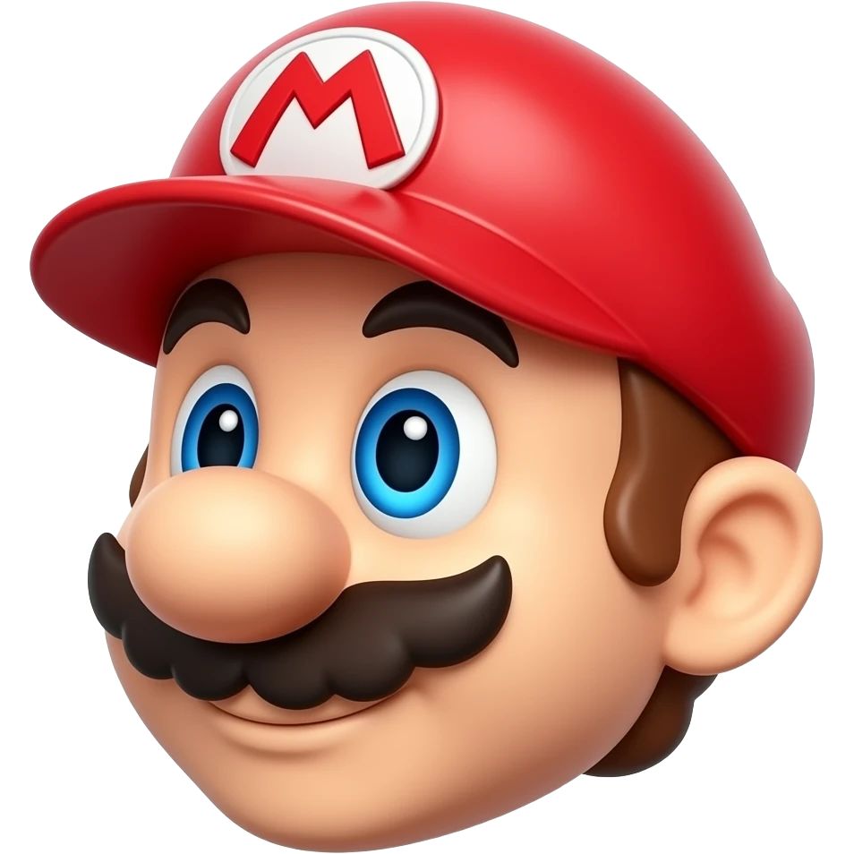 same exact cute 3D plumber emoji character, tilted head left, glossy red cap, blue eyes, cartoon mustache, pixar style, smooth 3D emoji render, only camera angle changes, same character identity, same proportions, same colors emoji