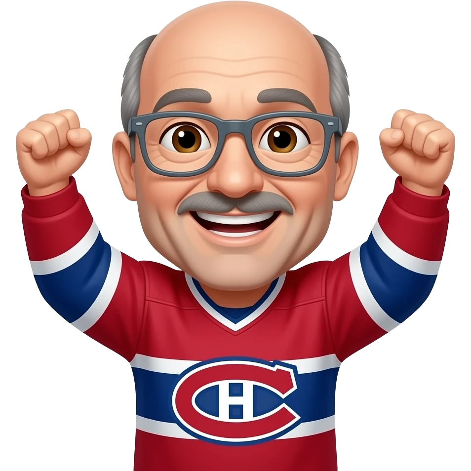 Male, Brown eyes, bald man, small mustache and chin strip, small gray glasses, 60 years old, Montréal Canadiens, smiling showing teeth, cheering arms up emoji