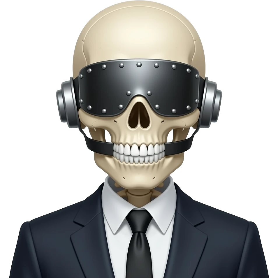 a skeletal figure wearing a suit who embodies the phrase "See no evil, hear no evil, speak no evil" as well as a symbol of censorship. His eyes are covered by a riveted-on visor, his mouth is clamped shut, and his ears are closed with metal caps emoji