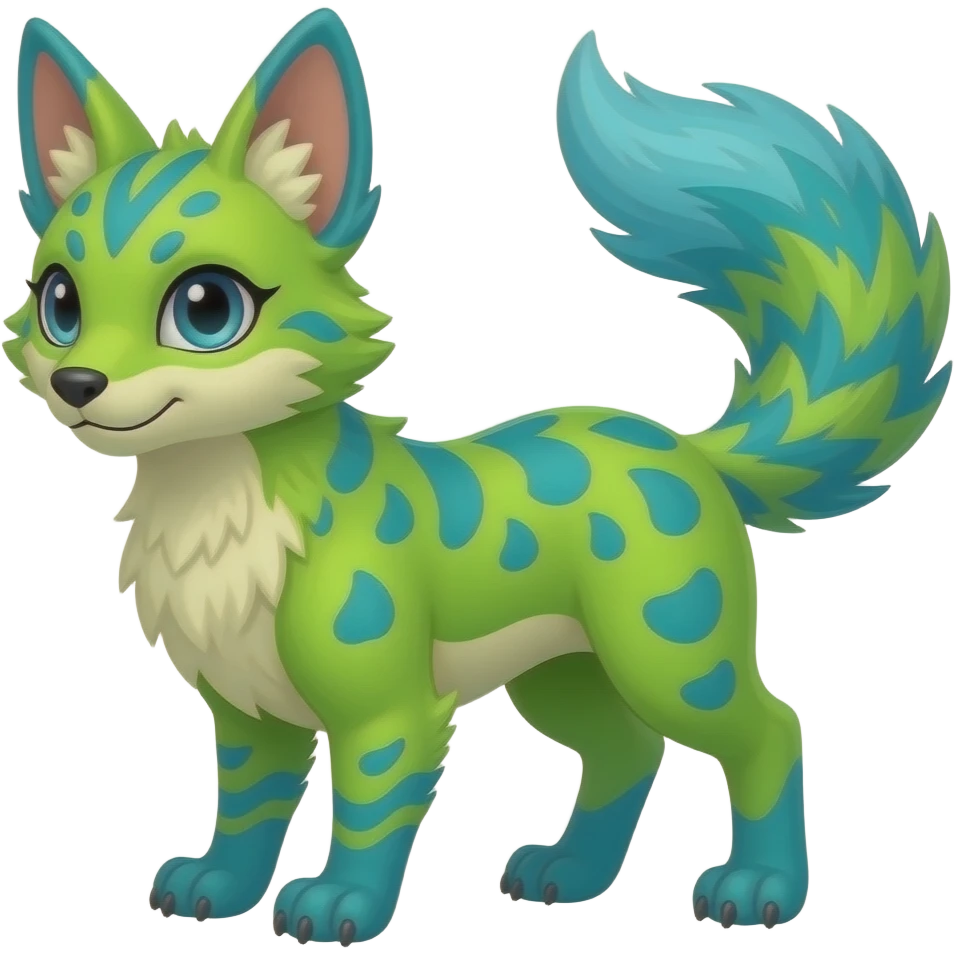Feral Rare Fantasy vibrant tropical exotic neon-lime green and cyan Vernid-Trico-species-creature by LiLaiRa, random markings, tufted tail, tufted ears, full body emoji