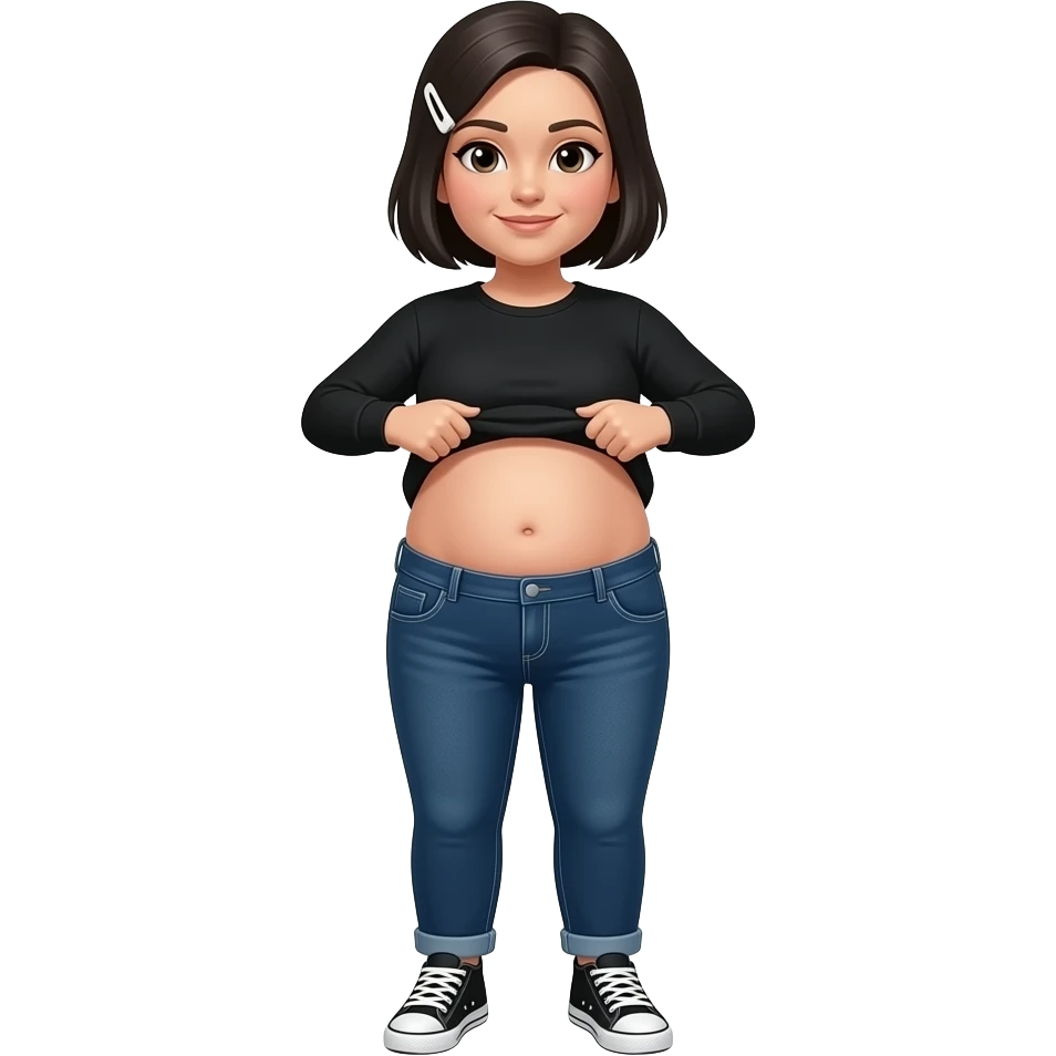 White woman with black short hair, white hair clip, black long sleeve shirt, dark blue jeans, white and black sneakers, and a chubby body lifting her shirt to show her chubby belly emoji