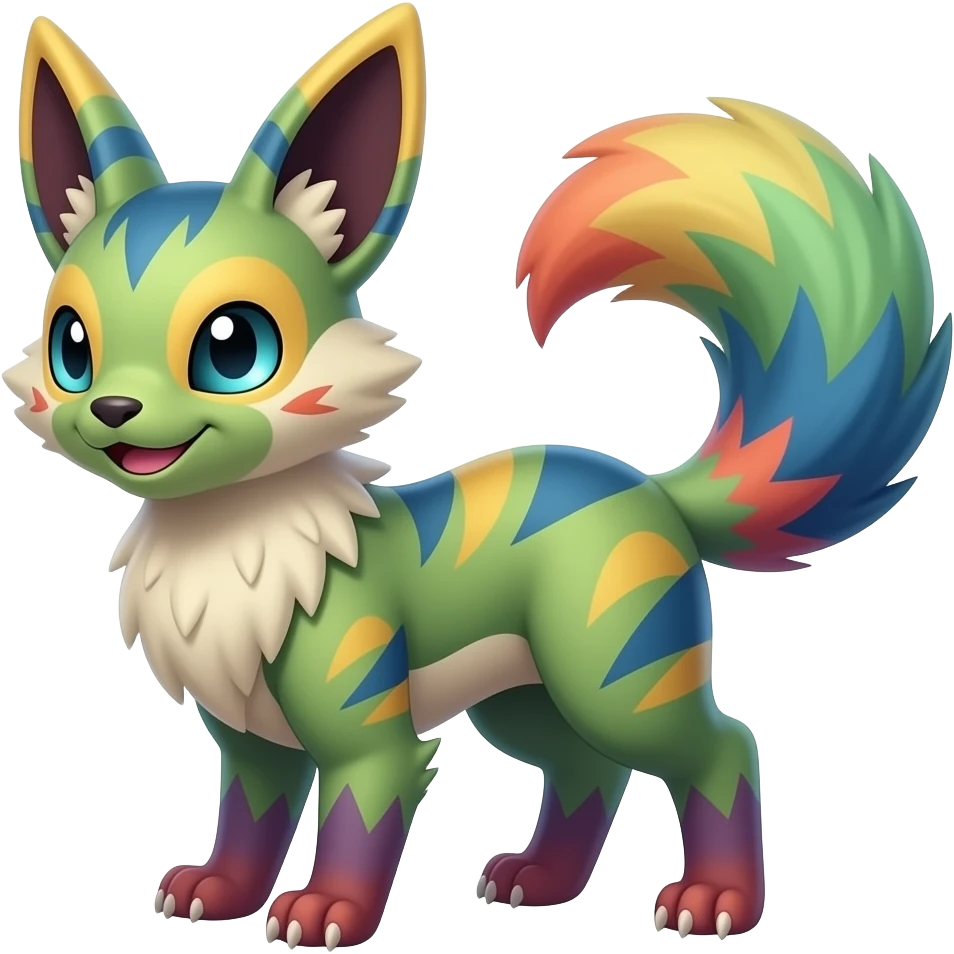 Exotic tropical happy Beautiful pretty cool edgy elegant realistic Feral Rare Fantasy colorful vibrant Vernid-Trico-species-Fakemon-creature by LiLaiRa, random markings, tufted tail, tufted ears, full body emoji
