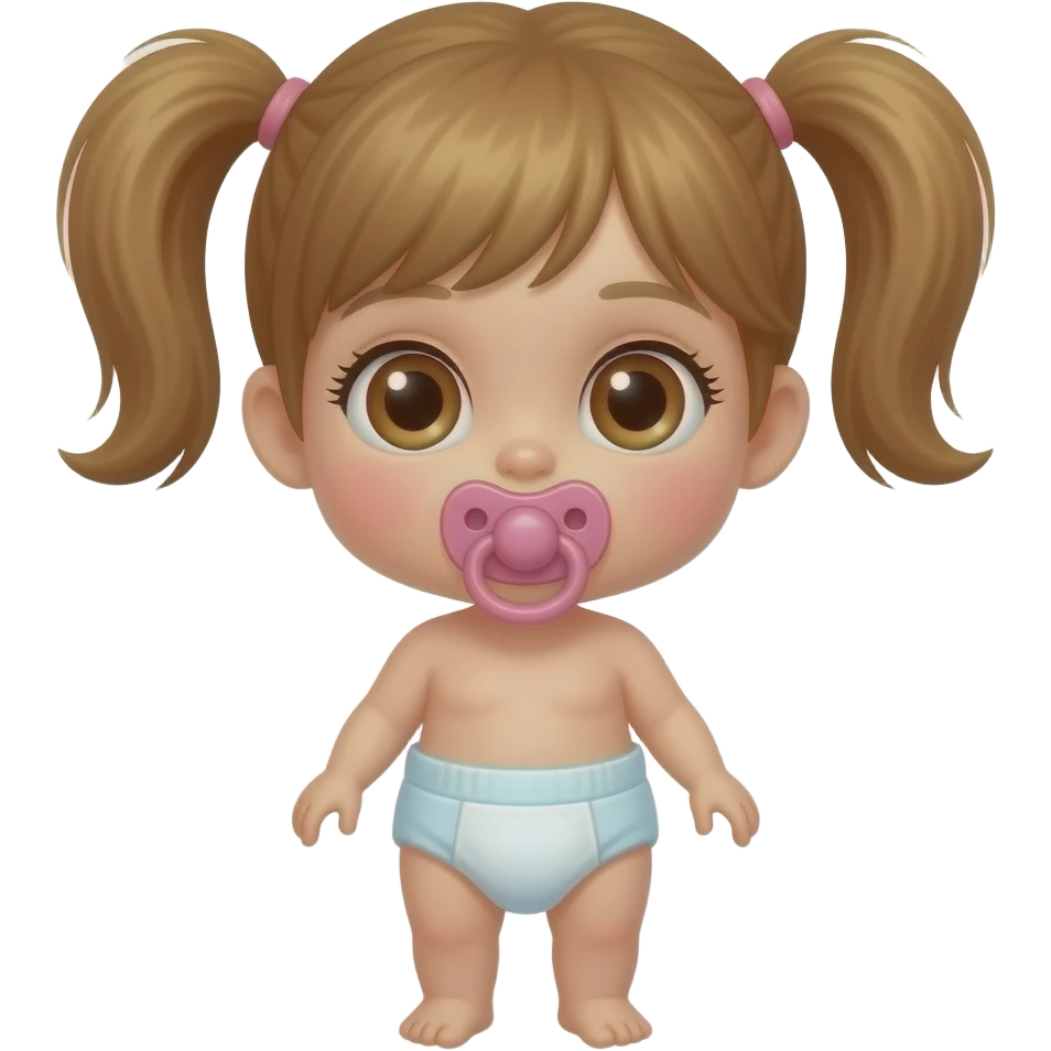 a babygirl with hazel eyes and honey hair in pigtails, pink pacifier, diaper emoji