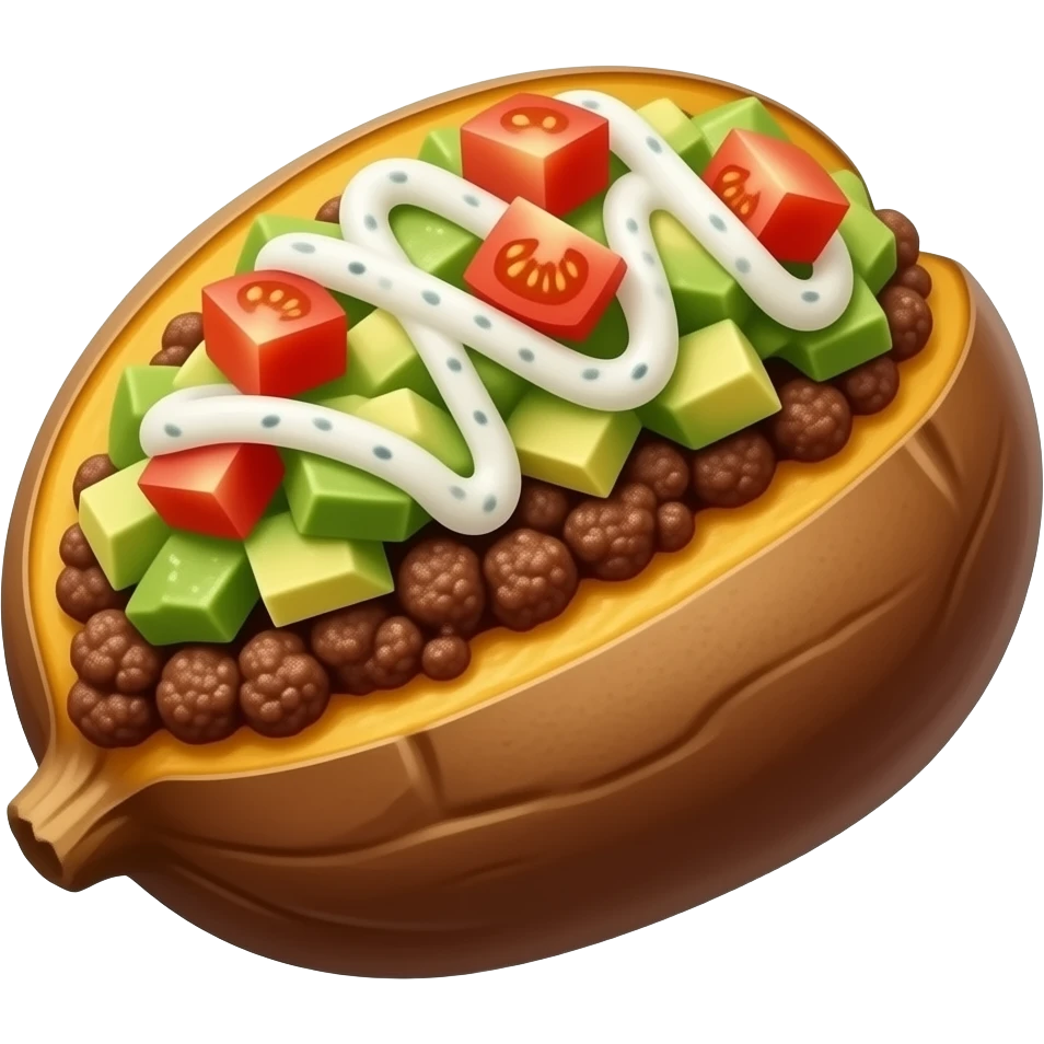 Batatas rellena de carne picada, con trozos de tomate por encima, aguacate revuelto por encima y salsa ranchera emoji