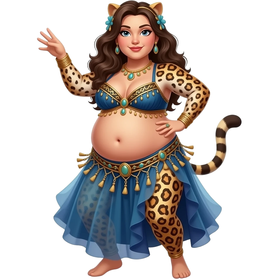 A female leopard belly dancer,with an morbid obese love handles & muffin top midriff,her bellybutton bulging from being stuffed to the max after a luncheon buffet,She dances then her bouncy belly wobbles a lot. emoji