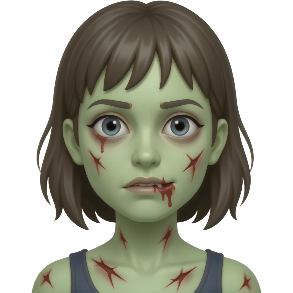 zombie girl with pale green skin, visible wounds, dead eyes emoji
