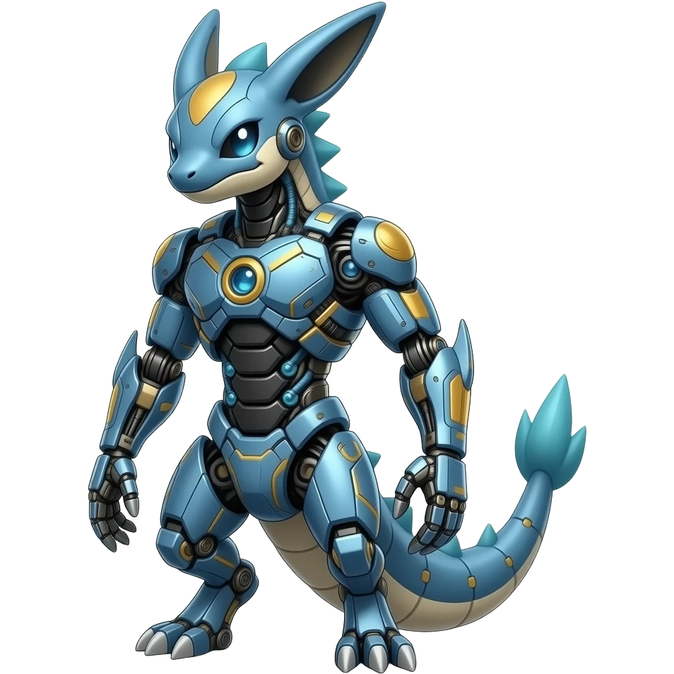 Exotic Organic Mechanical Hybridized Futuristic Cyborg-Cyber-Meloetta-Zygarde-Zeraora-Protogen-Palkia-hybrid-fusion-Fakémon-creature, full body emoji