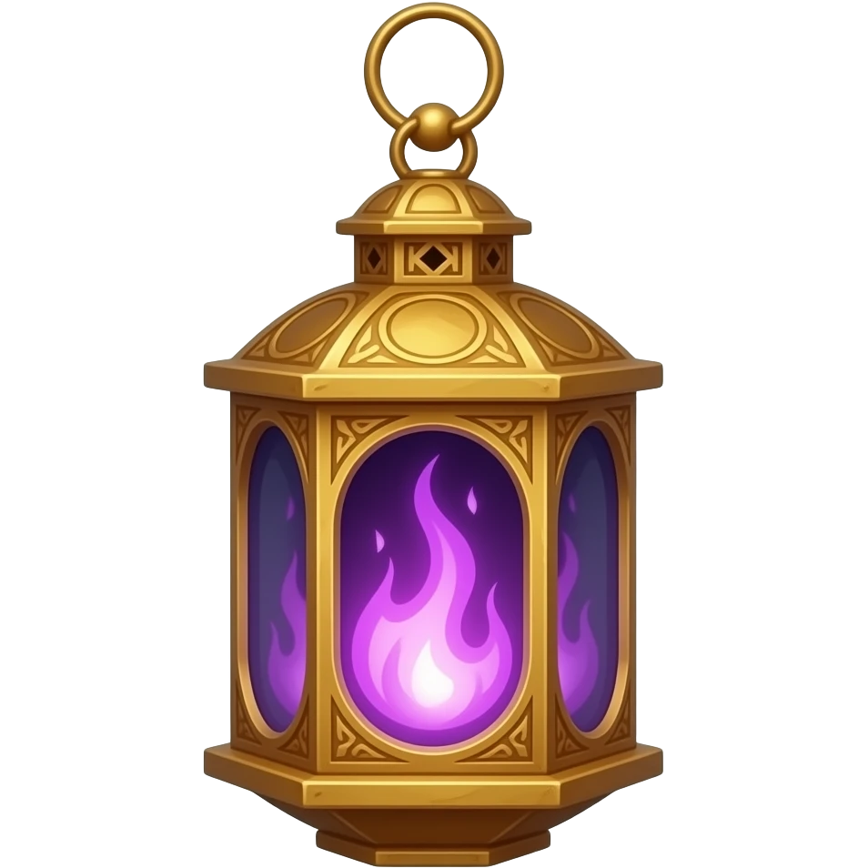 A gold hanging lantern with a bright  purple flames, an empty loop on top, fae themed emoji