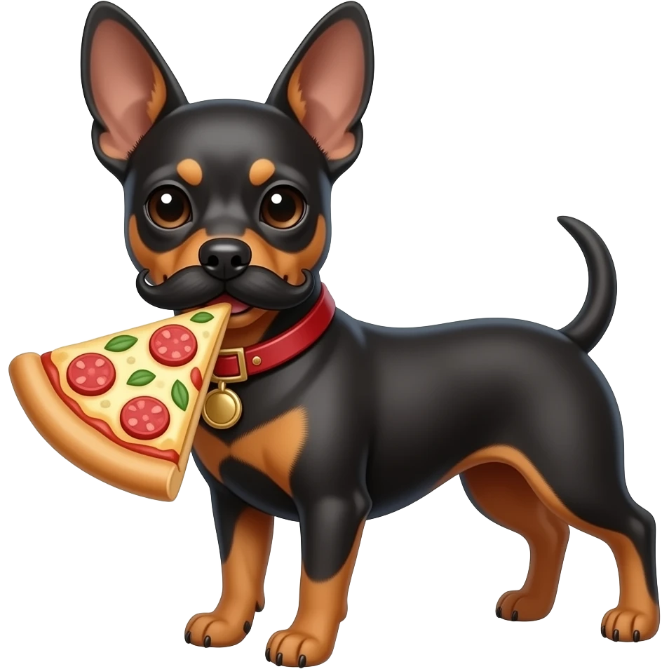 Make a minature pincher who is Italian holding a pizza and has a mustache emoji