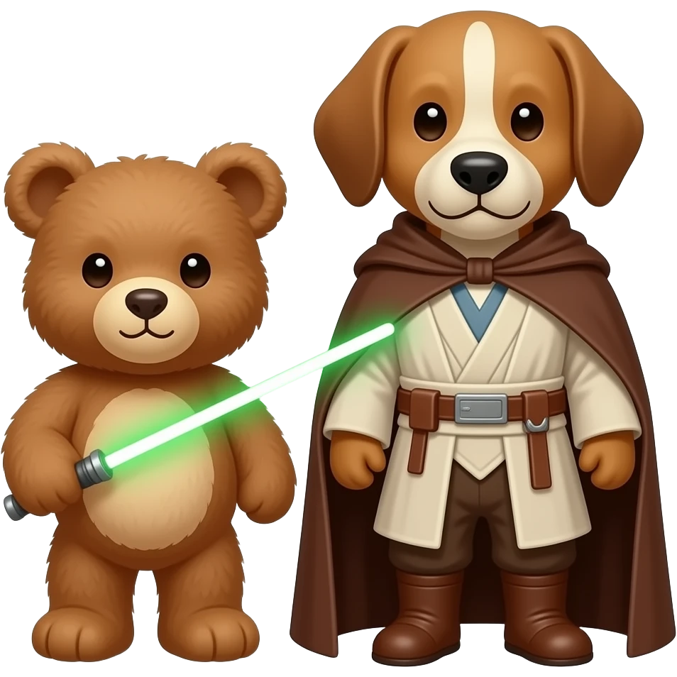 teddy bear holding a lightsaber sitting next to a dog with a jedi cloak on emoji