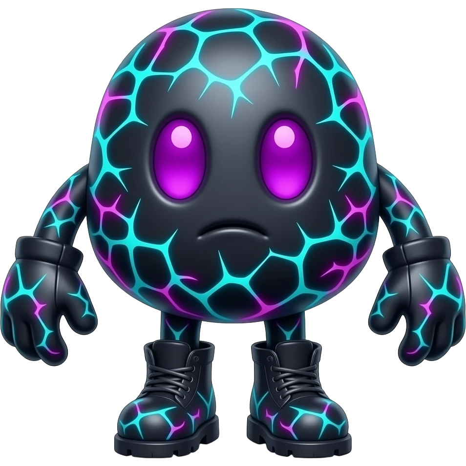 Full body dark blob mascot with a squishy uneven body, glowing violet ...