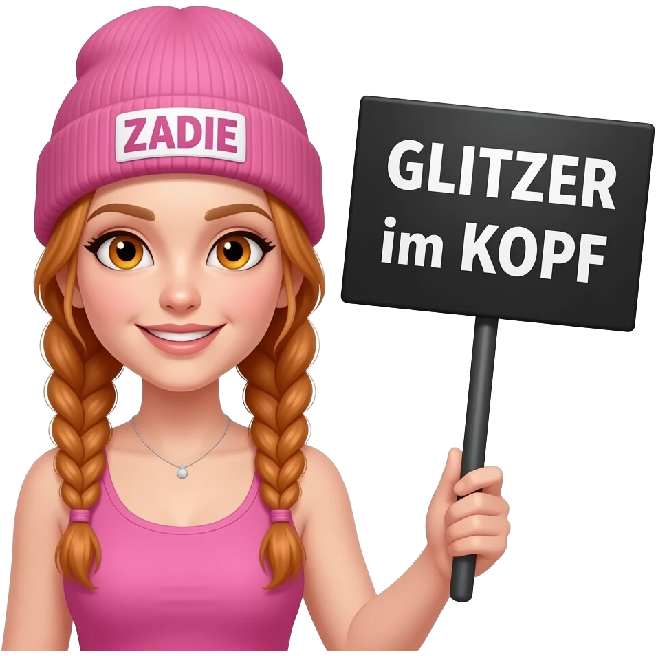 sexy girl with overlong ginger braids and ginger eyes wearing a pink tanktop and a pink beanie with ZADIE written on it, is holding a black sign with GLITZER im KOPF written on it emoji