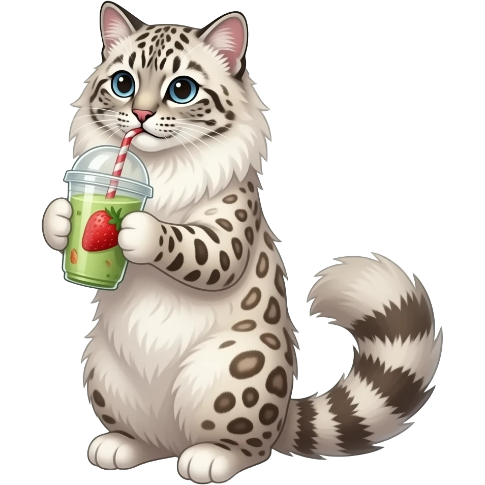 Fluffy Snow leopard like ragdoll cat standing up while drinking strawberry matcha 1 tail facing camera emoji