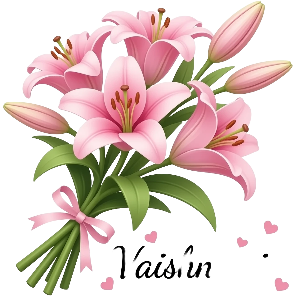 Bunch of pink lily flowers with Vaishnavi text on bottom with hearts emoji