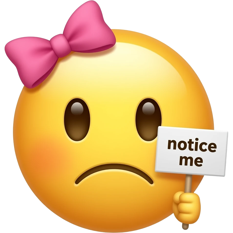 Yellow smiley with pink hairbow sad holding up a sign that says "notice me" emoji