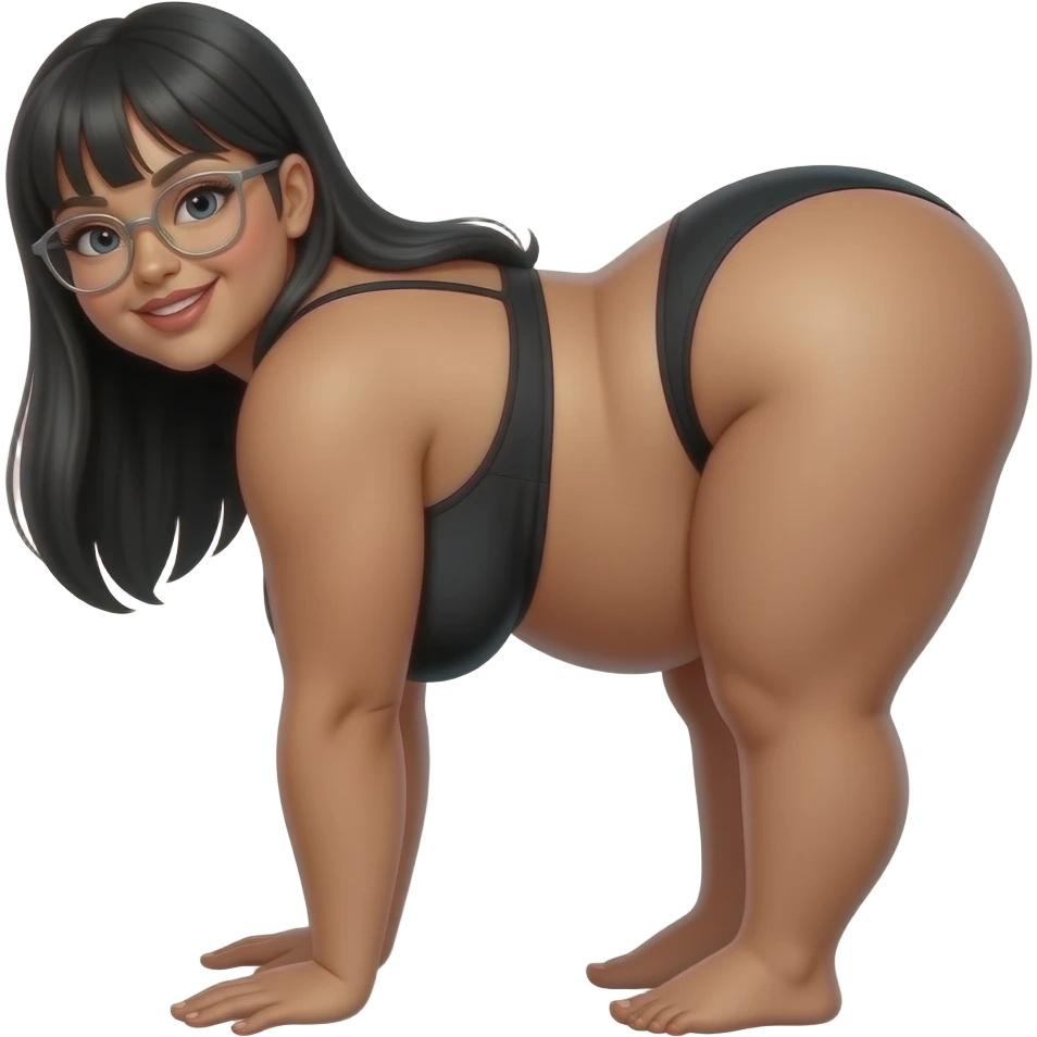 tanned fat chubby woman black long straight hair  with butt wearing black thong bent over large brown  areolas cubby round face with sulver glasses emoji