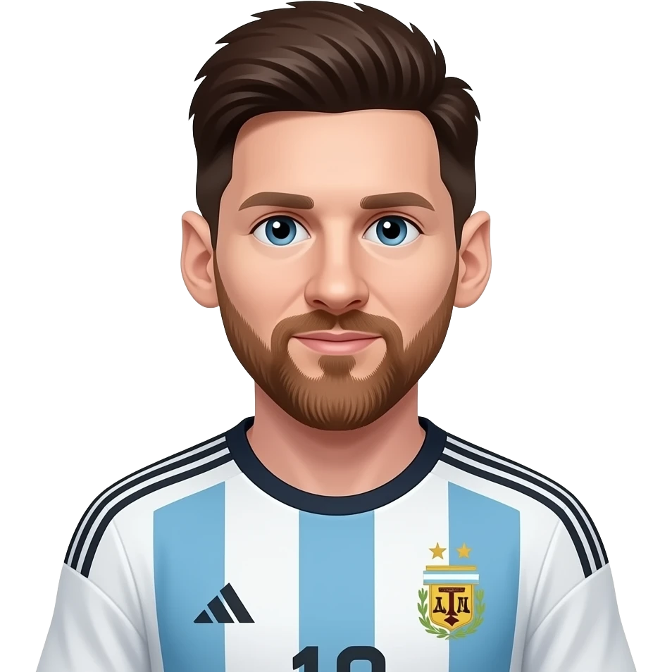 Messi emoji avatar, front-facing, Argentina jersey, cute cartoon style. With short hair emoji