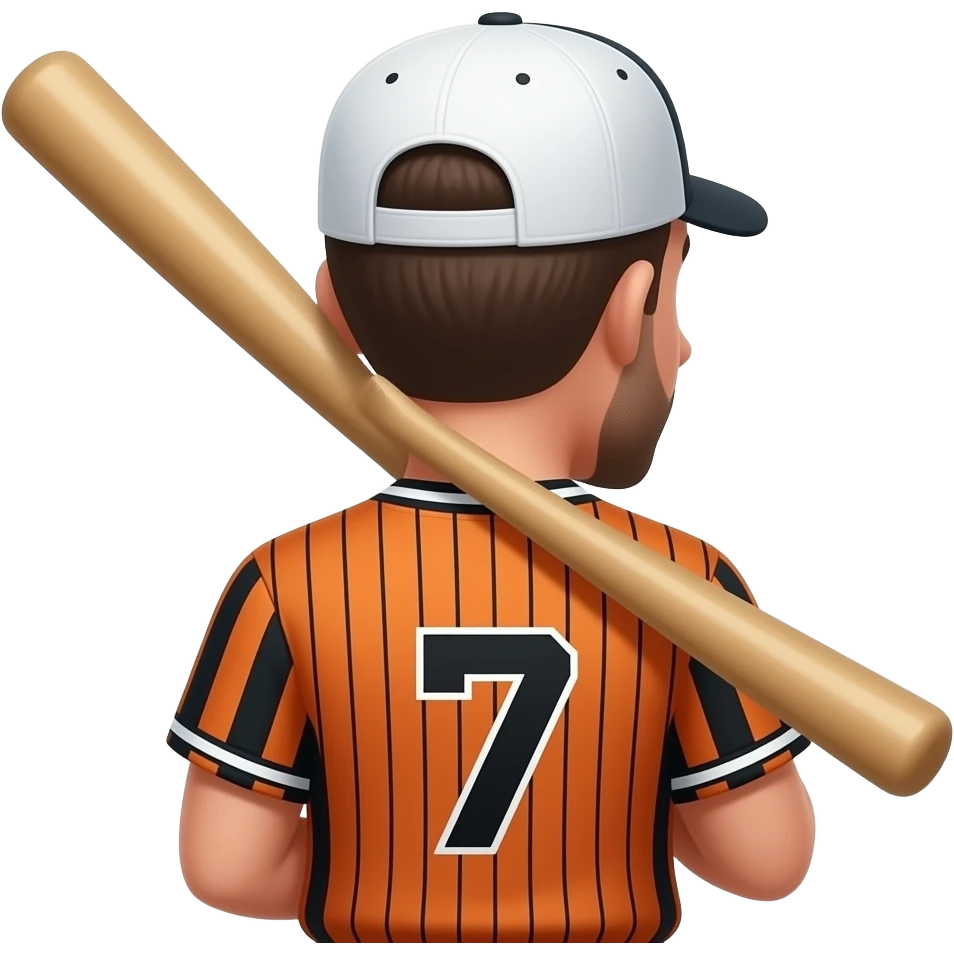 Make a baseball player with the colors, orange and black wearing the number seven with a dark brown low taper fade with a white hat fully turned around so I can only see their higher half make their skin color tan, and have them turn around so I can’t see there face with a bat by there shoulder emoji