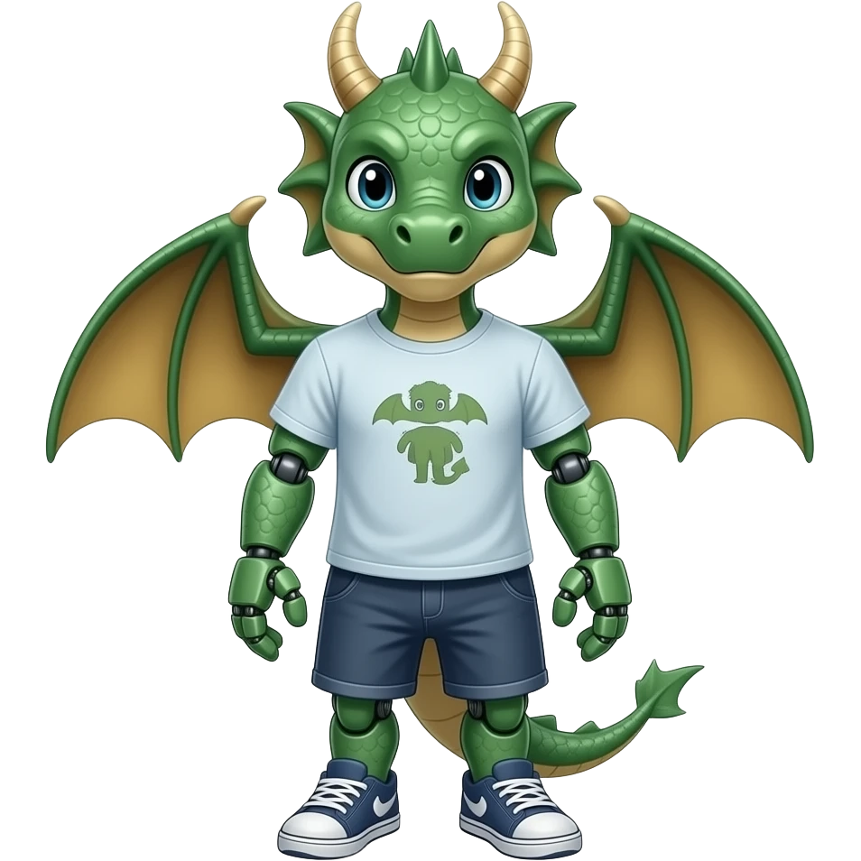 A humanoid robot dragon wearing a tee shirt and shorts emoji