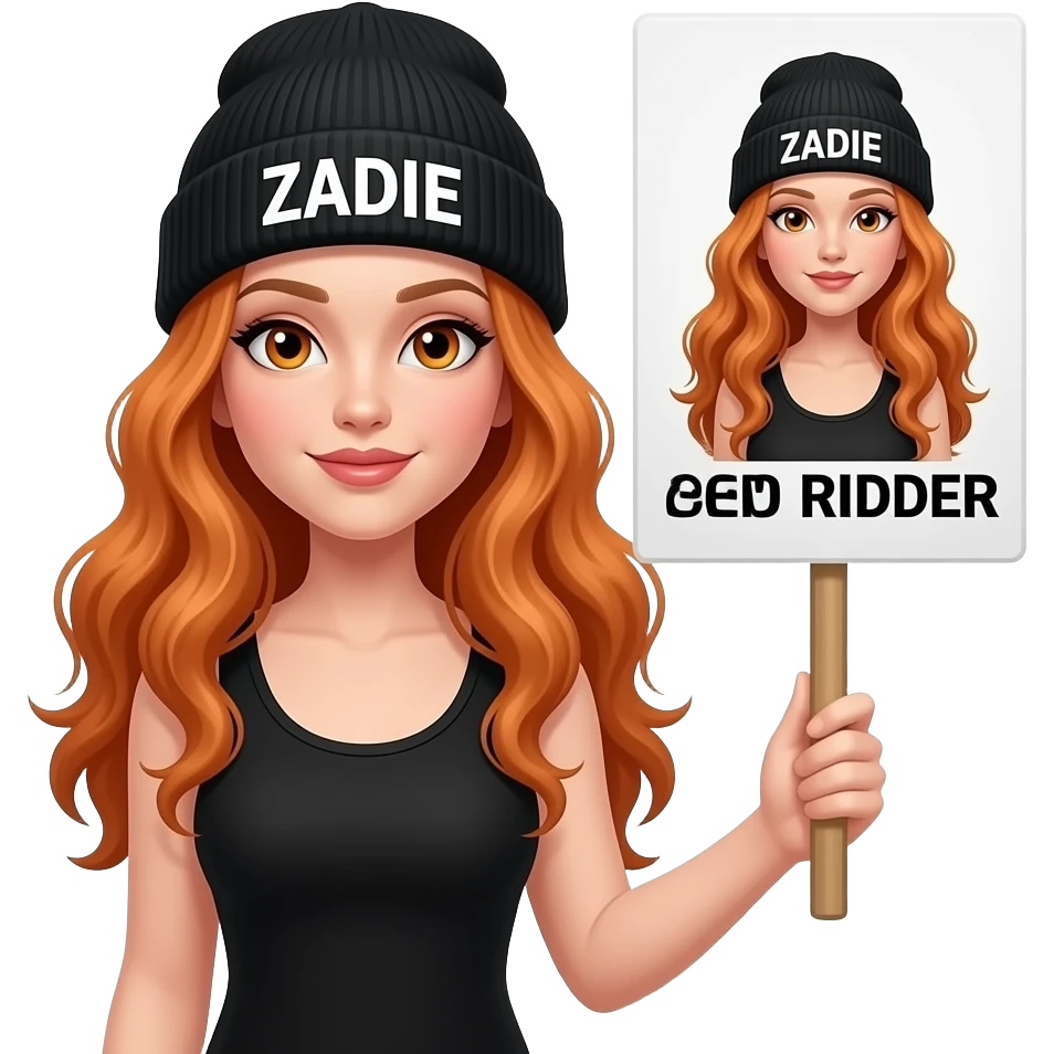 sexy girl with overlong wavy ginger hair and ginger eyes wearing a black tanktop and a black beanie with ZADIE written on is holding a white sign with just TEAM RED RIDER on it emoji