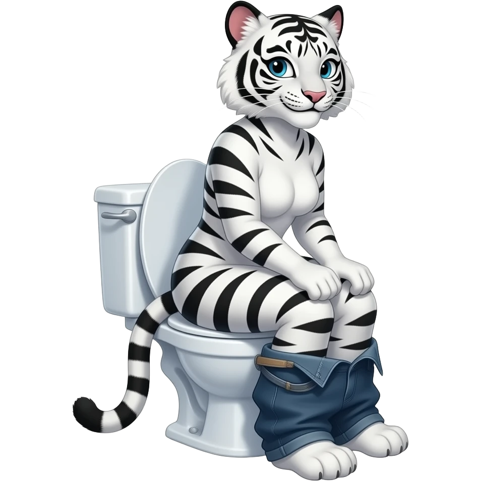 Female white tiger furry person woman,smile,sit on toilet,fursona,pants down,side view emoji