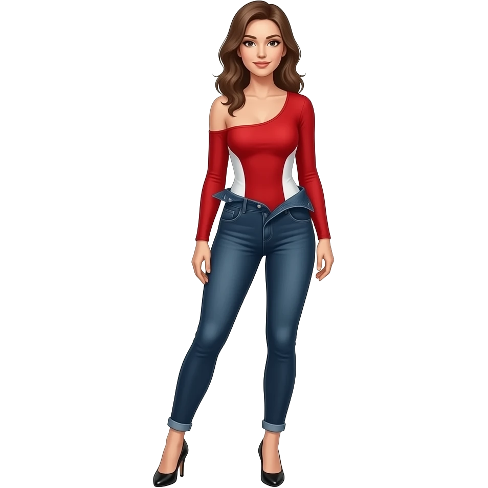 Woman in long sleeve red and white leotard wearing high heels and standing with pants falling off halfway emoji