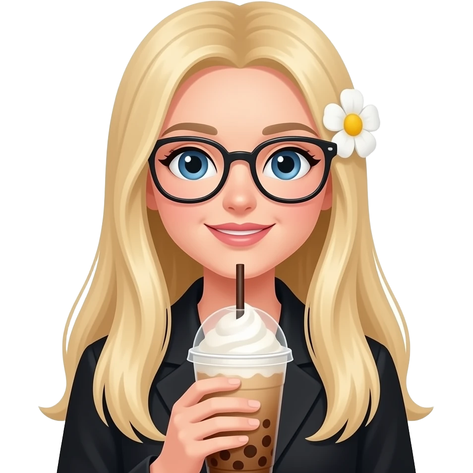 white woman, very long straight blonde hair, blue eyes, glasses, frozen coffee, black clothes, flower over right ear emoji
