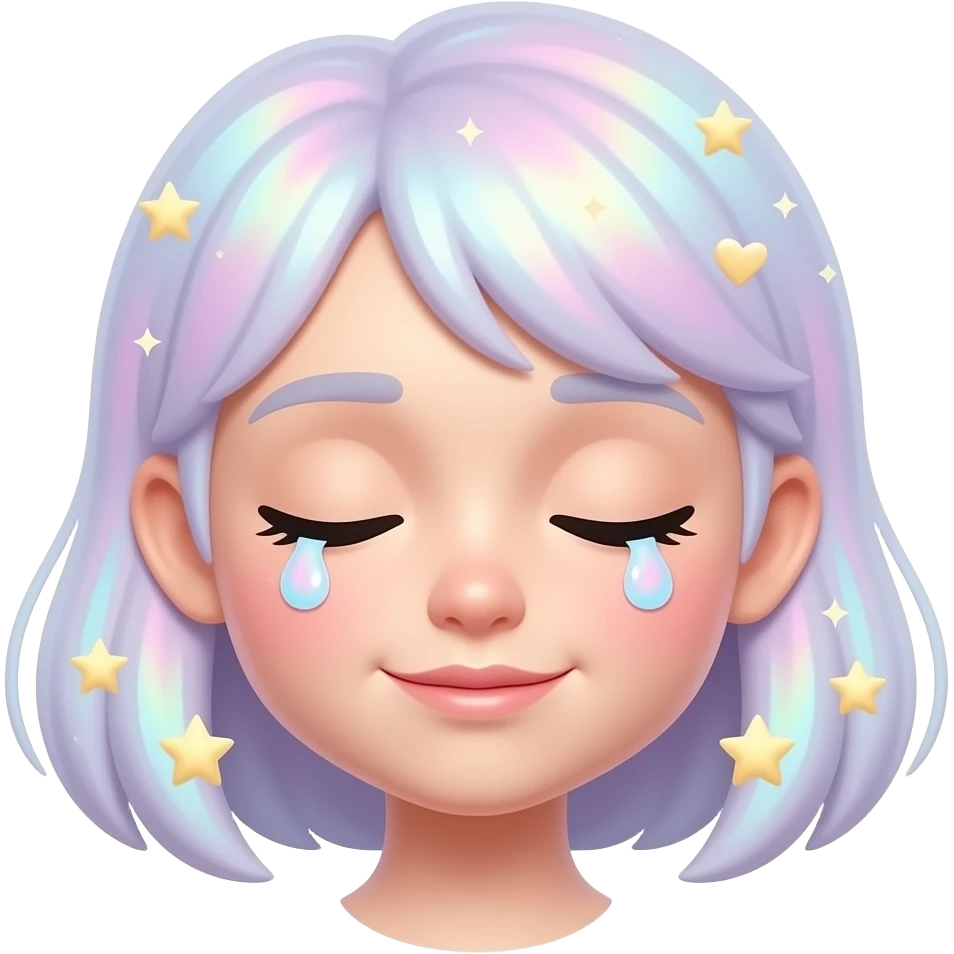 Sleepy circle emoji face with glossy droopy eyes, pastel holographic glow, tiny floating stars and hearts, dreamy soft lighting, cute emoji sticker aesthetic emoji