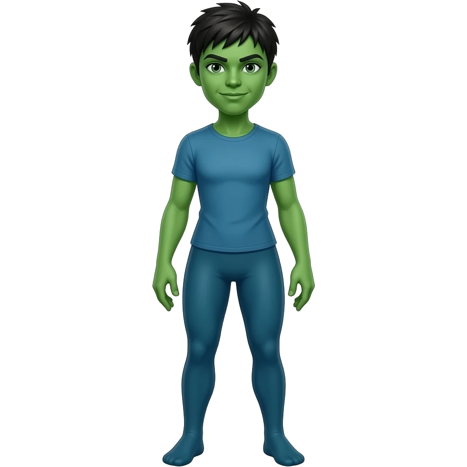 Full body female green she-hulk wearing blue outfit tshirt and tights with pixie mohawk hair emoji